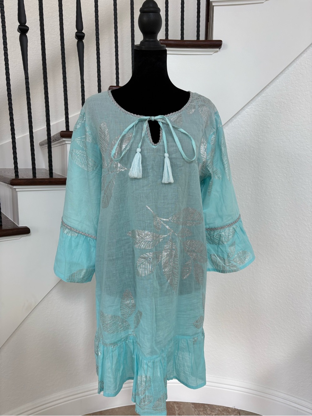 Women’s Aqua Tassel Tie Tunic with Metallic Leaf Detail